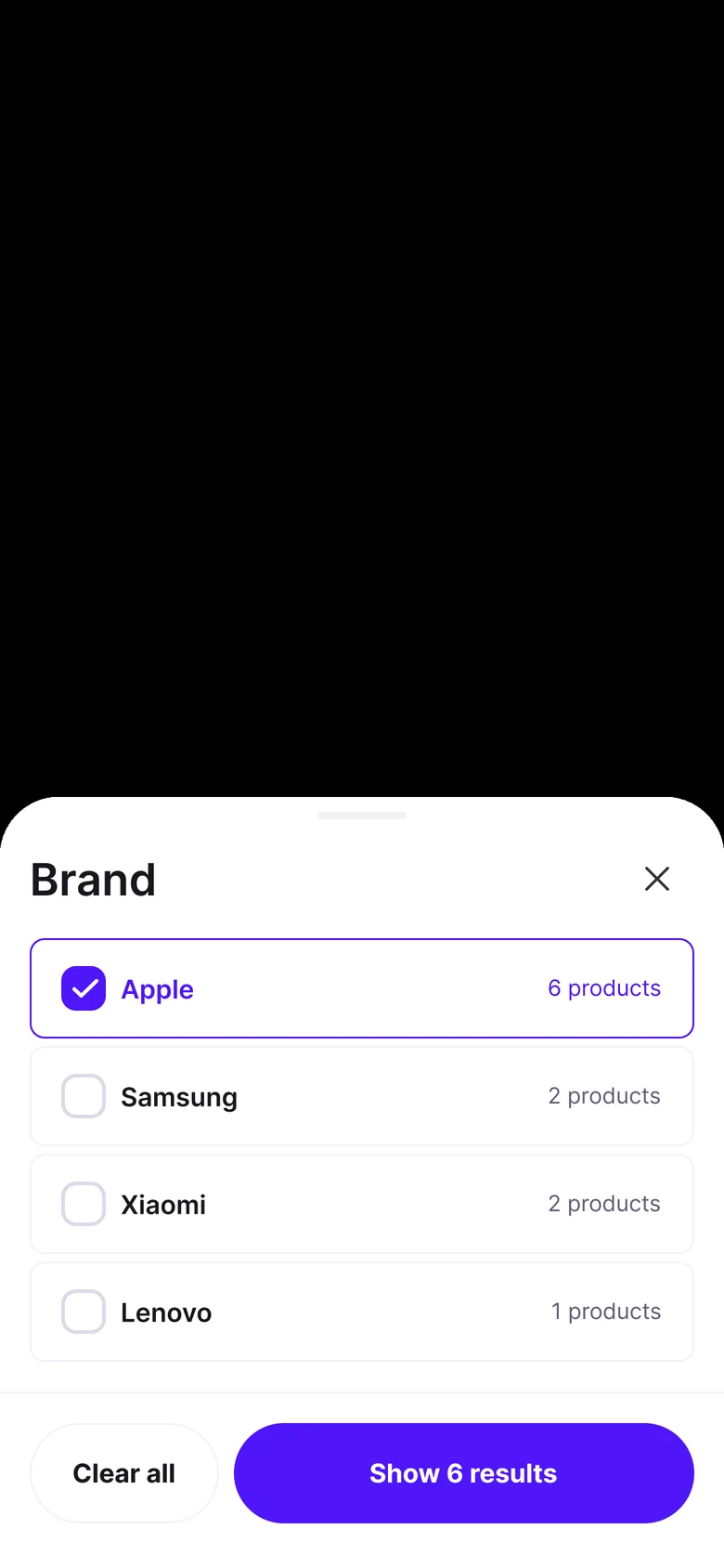 Brand sheet: checkboxes with product counts and a Clear all button