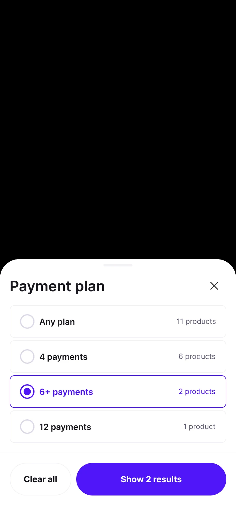 Payment plan sheet: radio buttons, each option with its product count
